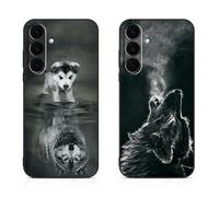 DiaryTown 2 Pièces Coque pour Samsung Galaxy S25 FE 5G Étui Noir Silicone Souple Case Cover avec Animal Motif Mince TPU Bumper Antichoc Protection Housse pour Galaxy S25 FE 5G - Chien & Loup