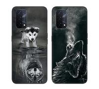 DiaryTown 2 Pièces pour Coques Oppo A54 5G / Oppo A74 5G / Oppo A93 5G, Etui Noir en Silicone Souple avec Motif Mince TPU Slim Gel Bumper Case Housse de Protection pour Oppo A74 5G - Chien Loup