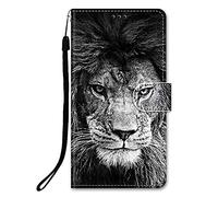 DiaryTown Coque pour Oppo A54 5G / Oppo A74 5G, PU Portefeuille Étui en Cuir Flip Housse avec Motif Fermeture Magnétique Béquille Porte Cartes TPU Antichoc Protection de Rabat Case - Blanc Gris Lion