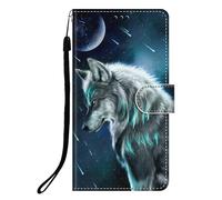 DiaryTown Coque pour Samsung Galaxy S25 Magnétique Fentes de Cartes Protection Cover Multifonction Antichoc Silicone Housse Galaxy S25 Etui en Cuir PU Portefeuille Flip Case - Loup l'espace
