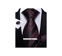 DiBanGu Cravate carrée en soie pour homme avec boutons de manchette et pince à cravate pour fête de mariage, Noir/rouge/rayures, taille unique
