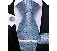 DiBanGu Ensemble de cravate pour homme en soie avec motif rayé et carreaux, mouchoir de poche, boutons de manchette et pince à cravate, ensemble pour mariage et tenue formelle, bleu clair, taille