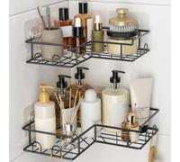 Diboniur Etagere Douche Sans Percage, 2 Pièces Etagere Salle de Bain avec 8 Crochets, Etagere Salle de Bain Sans Percage en Acier Inoxydable, Étagère Douche Angle pour Corps Shampoing (Noir)
