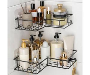 Diboniur Étagère Douche d’Angle Lot de 2 sans Perçage, 8 Crochets, Noire | Deux étagères en inox sans perçage, placement libre et drainage ouvert, pour shampoing, gel et accessoires