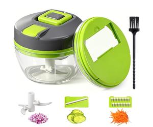 Diboniur Mini Hachoir Manuel 520ml, Mixeur Hachoir Coupe Oignon Manuel, 3-en-1 Coupe Legumes Multifonctions avec Une Lame Julienne, Une Lame Trancheuse et Une Brosse de Nettoyage (Vert)