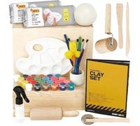 DIBYS Kit de Poterie DIY avec Argile Auto Durcissante Blanche | Outils de Modelage, Peintures, Pinceaux et Boîte en Bois | Loisirs Créatifs et Modelage | Idée Cadeau