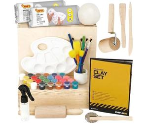 DIBYS Kit de Poterie DIY avec Argile Auto Durcissante Blanche | Outils de Modelage, Peintures, Pinceaux et Boîte en Bois | Loisirs Créatifs et Modelage | Idée Cadeau