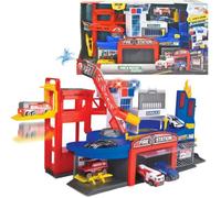 Dickie Toys Garage de Pompiers et de Police avec 2 Voitures Jouets avec Ascenseur, lumière Bleue, sirène, Fonction extincteur, pour Enfants à partir de 3 Ans
