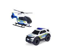 Dickie Toys Police Strike Squad - Ford Interceptor (23 cm) & Hélicoptère Airbus H135 (26 cm) - Véhicules & hélicoptères Jouet avec Roue Libre et hélice à Mouvement Manuel