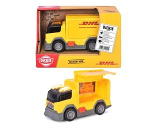 Dickie Toys DHL Delivery Van 15 cm, camionnette pour Enfants à partir de 3 | Voiture jouet avec roue libre, lumière et son, porte latérale ouverte, fonction Try Me, voiture de colis, jaune