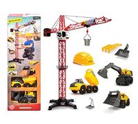 Dickie Toys - Jouet de chantier Volvo (lot de 9 pièces) - pour les enfants à partir de 3 ans, grue de 1 mètre de haut, 3 véhicules de chantier (chargement de roue, pelleteuse, camion à bascule), jouet de sable et casque