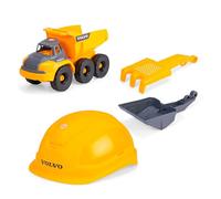 Dickie Toys - Kit de Chantier Volvo Tough Hauler (4 pièces). Grand Camion Benne basculante Jouet (26 cm) avec Casque, Pelle et Tamis à râteau, Jouet de Voiture et de Sable pour Enfants à partir de 3