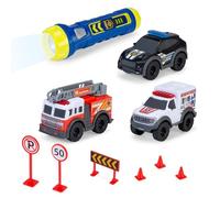 Dickie Toys - Kit de Voiture Jouet Micro SOS - 3 Voitures avec Roue Libre (Police, Pompiers et ambulances) avec Lampe de Poche et Accessoires de Jeu, Jouet de Voiture pour Enfants à partir de 3 Ans