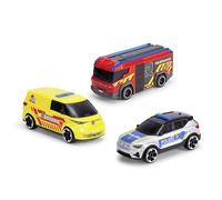 Dickie Toys - Lot de 3 Voitures SOS Team (15 cm chacune) - Lot de 3 Voitures avec Roue Libre pour Enfants à partir de 3 Ans, Voiture de Police Volvo EX40, VW ID. Buzz Ambulance & Rosenbauer Penta