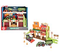 Dickie Toys Micro Farm Station, Station de Jeu pour Enfants à partir de 3 Ans, Ascenseur avec Fonction de démarrage, Rampe, 3 véhicules de Ferme avec Roue Libre, Accessoires avec Panneaux de