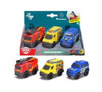 Dickie Toys - Micro Rescue Force Lot de 3 voitures Mercedes-Benz avec roue libre et pièces mobiles pour enfants à partir de 3 ans, camion de pompiers, voiture de police et ambulance