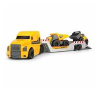Dickie Toys Camion jouet Volvo Mack – 2 véhicules sur remorque, benne, chargeur, 32 cm, jaune/gris