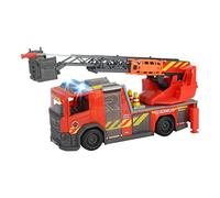 Dickie Toys Scania Escabeau rotatif pour pompiers avec fonction jet d'eau et de roses, lumière et son, piles incluses, avec échelle rotative et pieds rétractables, 25 cm, rouge