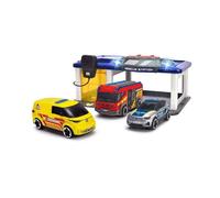 Dickie Toys Station S.O.S pour Enfants à partir de 3 Ans (31 x 22 cm) avec 3 Voitures Jouets (Voiture de Police, Ambulance, Camion de Pompiers), Poste de Pompiers et de Police avec lumière et Son