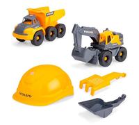 Dickie Toys - Volvo Kit de Construction de Chantier (5 pièces). Grande Pelle Jouet et Camion Benne (26 cm chacun) avec Casque, Pelle et Tamis à râteau, Jouet de Voiture et de Sable pour Les Enfants à