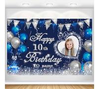 Dicodes Personnalisés Bleu Marine et Argent Thème Happy 10ème Birthday Bannière Fête Joyeux Anniversaire Fond Décoratif Personnalisé Nom et Photo(10 ans)