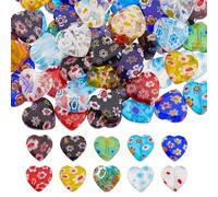DICOSMETIC 66 pièces de Perles en Verre Millefiori 12mm Perles en Verre en Forme de Cœur Perles en Verre Mosaïque Perles Faites à la Main Motif de Fleurs Perles de Cœur Saint Valentin Perles