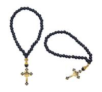 DICOSMETIC Lot de 2 Chapelets de Rétroviseur en Bois Noir Pendentifs Perles Chapelet Catholique Pour Voiture 27.5cm Médaille Cruciforme Accessoires Pendentifs pour Décoration de Rétroviseur de Voiture
