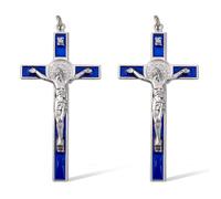 DICOSMETIC Lot de 2 petites croix murales en alliage émaillé - 10,6 x 5,35 cm - Crucifix - Saint Benoît - Jésus-Christ - Crucifix catholique - Décoration de Pâques - Bleu