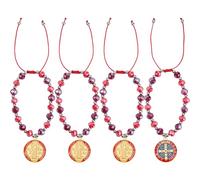 DICOSMETIC Lot de 4 médailles rouges de Saint Benoît pour porte de bénédiction catholique, décoration à suspendre en voiture, chapelet de San Benito, bracelets en perles de verre, cadeaux religieux