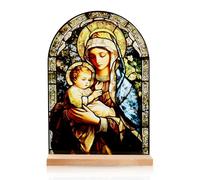 DICOSMETIC Statue ornement catholique de Madonna - 21 x 4,8 x 15 cm - En acrylique - Décoration de table debout - Cadeau chrétien - Décoration religieuse avec support en bois - Pour la maison, le
