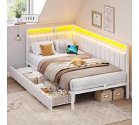 DICTAC Canapé lit 90x190 avec éclairage LED et Prise USB,Cadre de Lits 90x190 avec Sommier à Lattes en métal,Lit Banquette Lits Coffre avec 2 tiroir de Rangement pour Studio/Chambre,Blanc-sans Matela