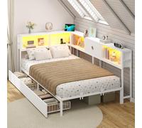 DICTAC Canapé Lit 90x200 avec éclairage LED et Prise, Lits 90x200 avec sommier en Métal, lit Banquette avec 5 Compartiments Rangement, Lits 1 Place avec 2 tiroirs, Lit Enfant LED, Blanc