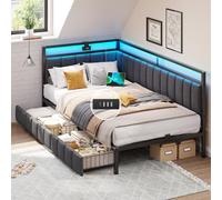 DICTAC Canapé lit 90x200 avec éclairage LED et Prise USB,Cadre de Lits 90x200 avec Sommier à Lattes en métal,Lit Banquette Lits Coffre Lit Enfant avec 2 tiroir de Rangement,Gris Foncé-sans Matela