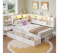 DICTAC Lit 90x190 en L - Banquette-Lit 1 Place avec Tête de Lit Capitonnée (Rangement Secret + Table de Nuit Intégrée), LED RGB & Recharge | Idéal pour Studio & Chambre (Blanc)