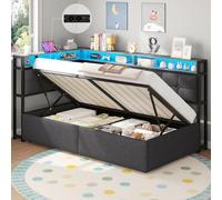 DICTAC Lit Coffre 90x190 LED & Station de Charge | Lit 1 Place Hydraulique étagères Ouvertes | Lit Enfant 90x190avec Rangement | Canapé Lit Gris 90x190 rembourré Lin-Enfants, Ados, Adultes