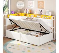 DICTAC Lit Coffre 90x190 LED & Station de Charge | Lit 1 Place Hydraulique étagères Ouvertes | Lit Enfant 90x190avec Rangement | Canapé Lit Blanc 90x190 rembourré Lin-Enfants, Ados, Adultes