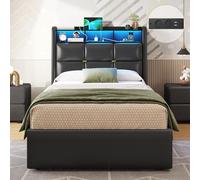 DICTAC Lit Coffre 90x200 avec Rangement et Tete de Lits,Cadre de Lit 1 Place 90 x200 avec Sommier à Lattes,éclairage LED et Prise,Lits Adulte 90x200,lit enfant lits Capitonné 90 x200,Noir-sans Matelas