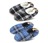 DICUIRD Chaussons à semelles souples pour homme avec antidérapants, confortables et chauds, doublure Sherpa avec bas antidérapant, pantoufles pelucheuses, Treillis gris et treillis bleu marine, 10-13