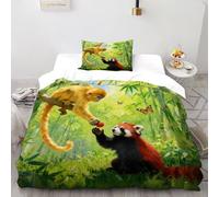 DICVXST 3D Monkey Red Panda Parure De Lit Junior 2 Pièces Décoration De Chambre À Coucher Taies D'oreillers avec Fermeture Éclair Single（135x200cm）