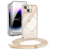 DiDaDi [5 en 1 1 Ensemble de Chaîne pour Coque iPhone 13 avec Cordon + 1 Coque Transparente + 2 Films Écran + 1 Verre Caméra, Coque Antichoc Élégante avec Collier Réglable, Doré