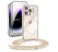 DiDaDi [5 en 1 1 Ensemble de Chaîne pour Coque iPhone 13 Pro avec Cordon + 1 Coque Transparente + 2 Films Écran + 1 Verre Caméra, Coque Antichoc Élégante avec Collier Réglable, Doré