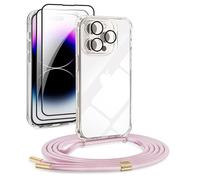 DiDaDi 5 en 1 Coque iPhone 16 Pro Max avec Chaîne Réglable Cordon+ Coque Transparente + 2 Films Écran + 1 Verre Caméra, Housse Antichoc, Rouge, Or Rose