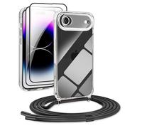 DiDaDi Chaîne de téléphone portable 5 en 1 pour iPhone 17 Air - Coque de protection amovible avec cordon transparent - 2 films en verre blindé et objectif de l'appareil photo (noir)