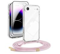 DiDaDi Chaîne de téléphone portable 5 en 1 pour iPhone 17 Air - Coque de protection avec bande transparente - Amovible - Avec cordon - 2 films en verre blindé et objectif de l'appareil photo (or rose)