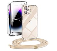 DiDaDi Chaîne de téléphone portable 5 en 1 pour iPhone 17 - Avec bande transparente - Coque de protection amovible avec cordon - 2 x verre blindé et objectif de l'appareil photo (doré)