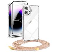 DiDaDi Chaîne de téléphone portable 5 en 1 pour iPhone 17 - Avec bande transparente - Coque de protection amovible avec cordon - 2 x verre blindé et l'objectif de l'appareil photo (arc-en-ciel)