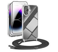 DiDaDi Chaîne de téléphone portable 5 en 1 - Pour iPhone 17 - Avec bande transparente - Coque de protection amovible avec cordon - 2 x verre blindé et objectif de l'appareil photo (noir)