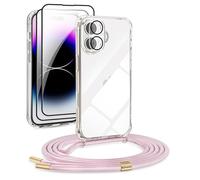DiDaDi Chaîne de téléphone portable 5 en 1 pour iPhone 17 - Avec bande transparente - Coque de protection amovible avec cordon - 2 x verre blindé et objectif de l'appareil photo (or rose)