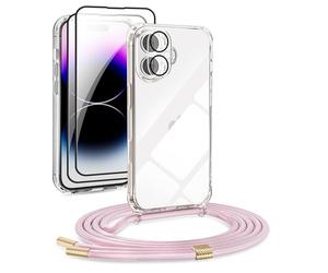 DiDaDi Chaîne de téléphone portable 5 en 1 pour iPhone 17 - Avec bande transparente - Coque de protection amovible avec cordon - 2 x verre blindé et objectif de l'appareil photo (or rose)