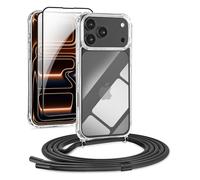 DiDaDi Chaîne de téléphone portable 5 en 1 pour iPhone 17 Pro - Coque de protection avec bande transparente - Amovible - Avec cordon - 2 films en verre blindé et objectif de l'appareil photo (noir)
